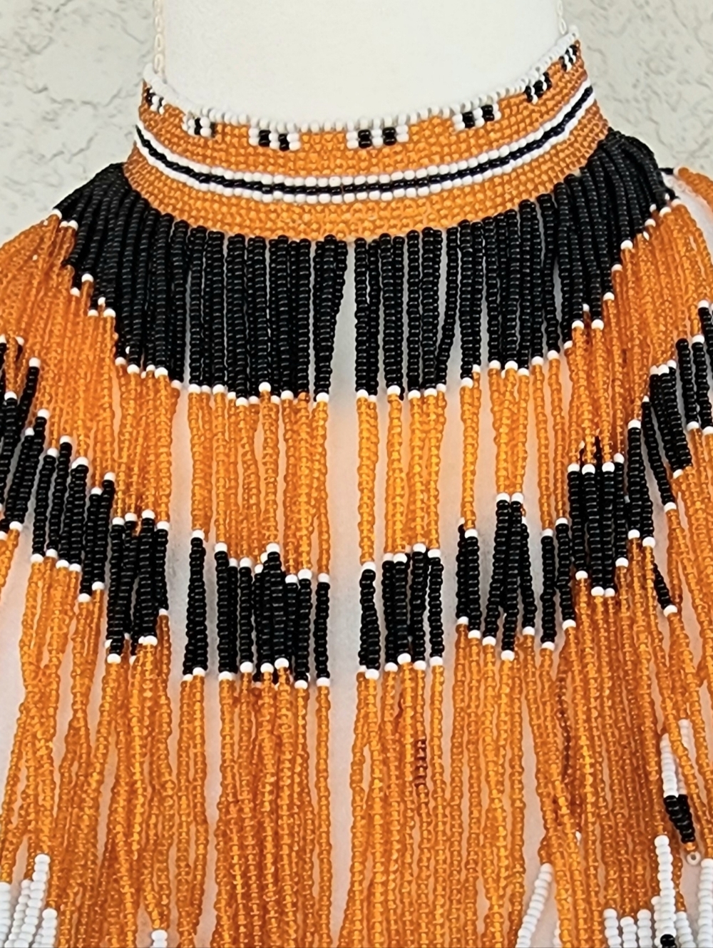 Vintage African Zulu Beaded Fringe Statement Necklace - Orange, Black & White - Picture 2 of 3